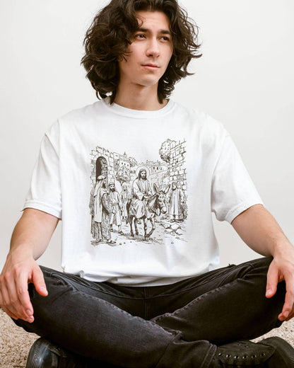 Man wearing white color shirt with Jesus Riding Donkey christian graphic design