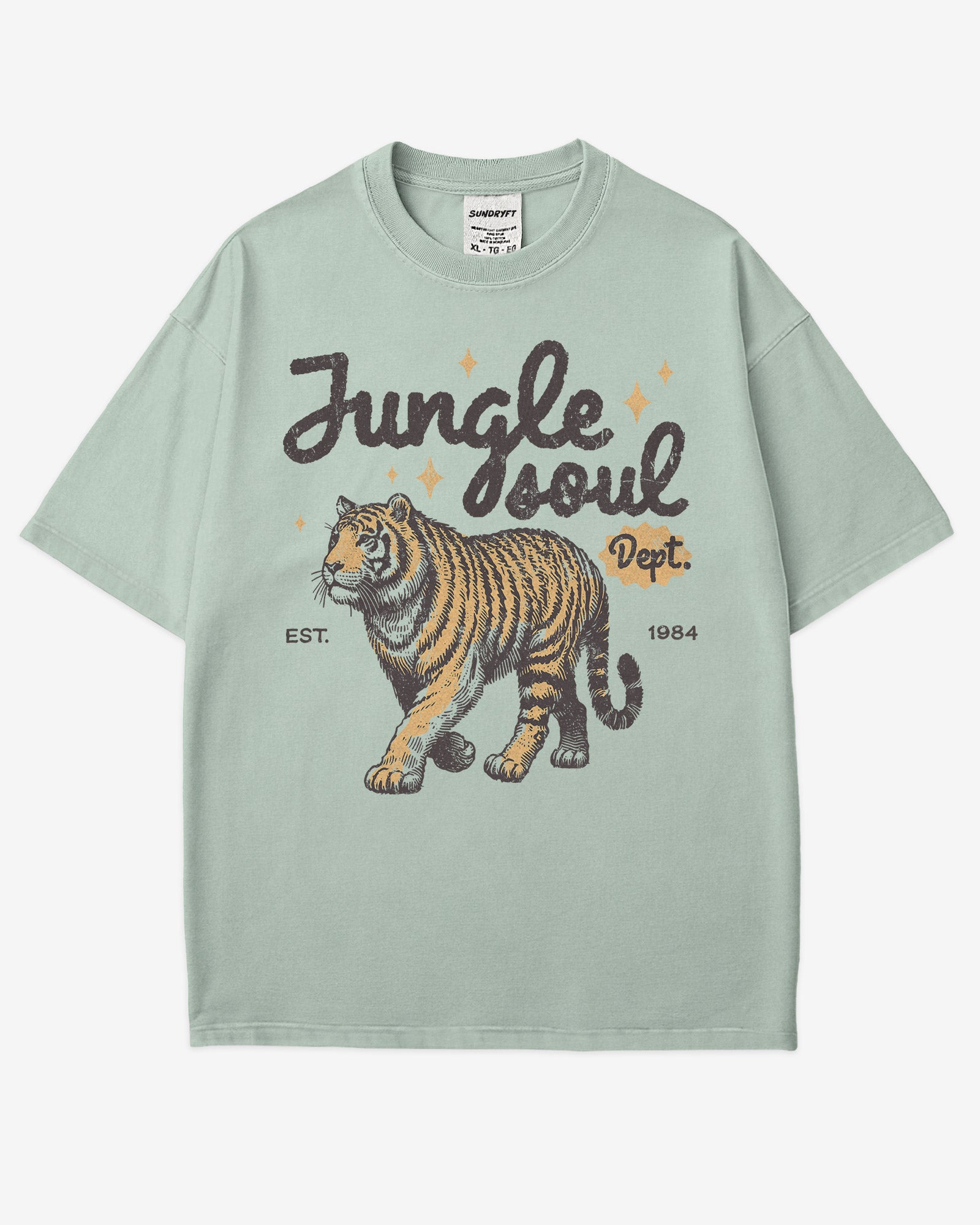 Jungle Soul Dept. shirt in bay color with retro graphic of walking tiger.