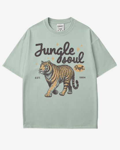 Jungle Soul Dept. shirt in bay color with retro graphic of walking tiger.
