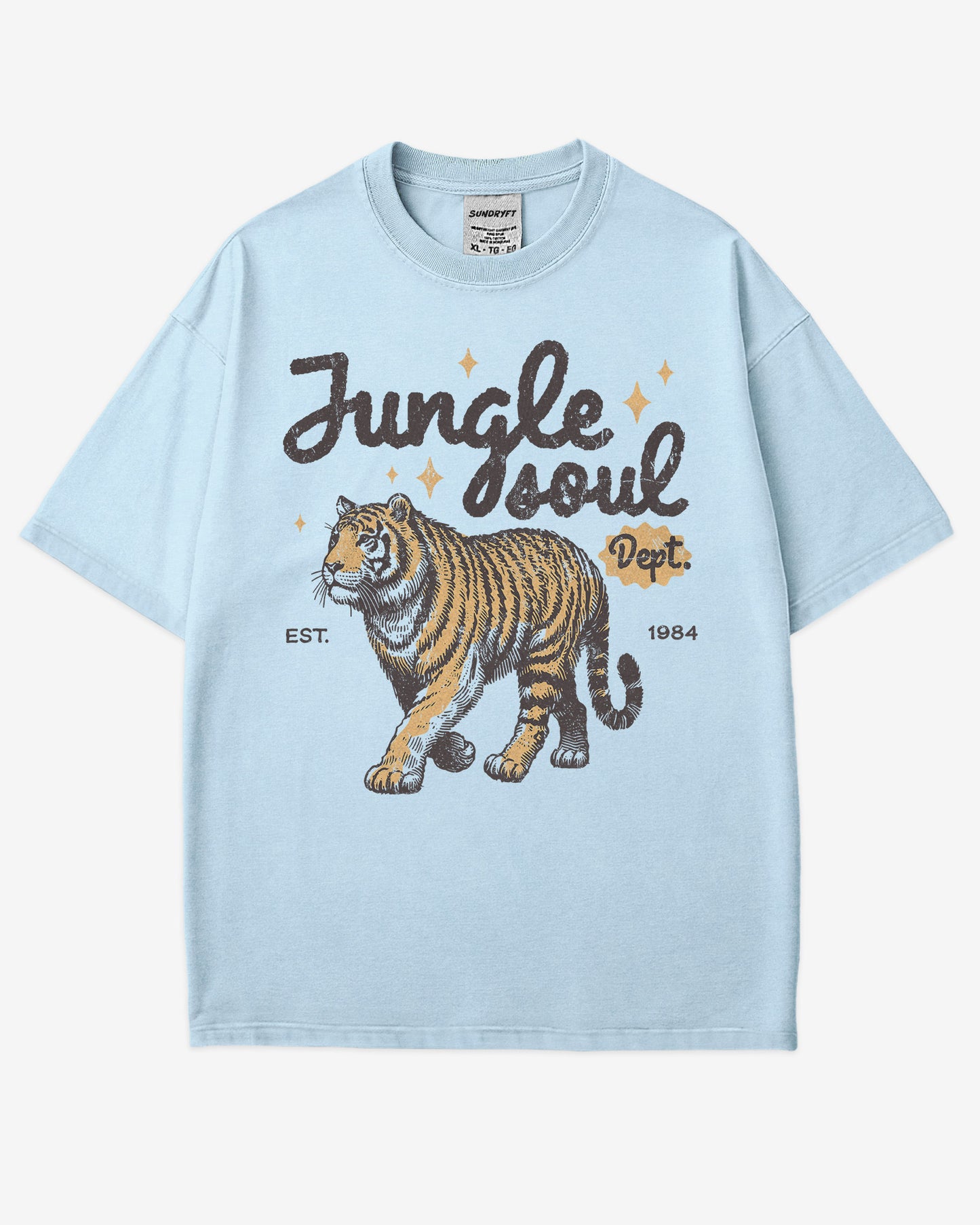Jungle Soul Dept. shirt in chambray color with retro graphic of walking tiger.