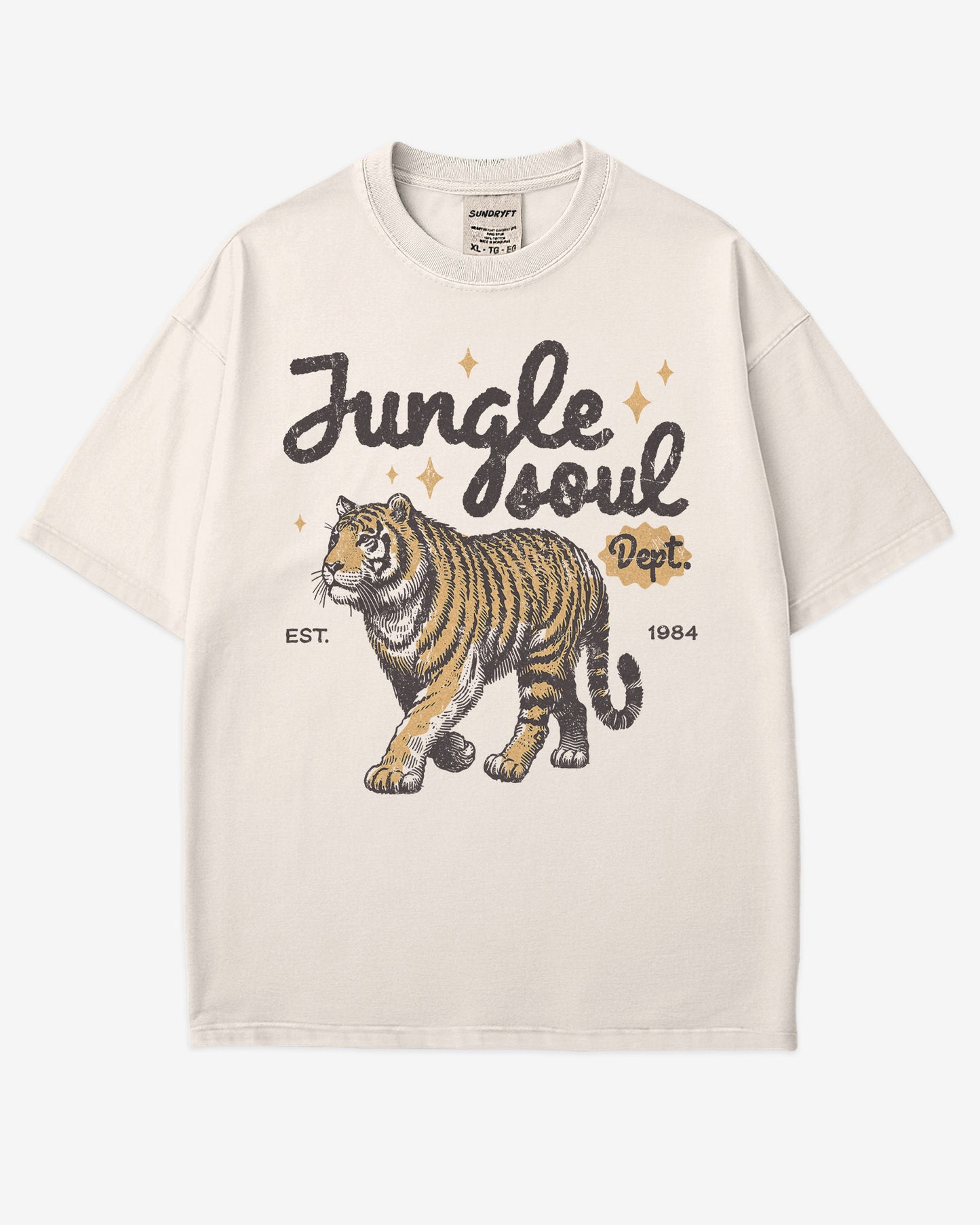 Jungle Soul Dept. shirt in ivory color with retro graphic of walking tiger.