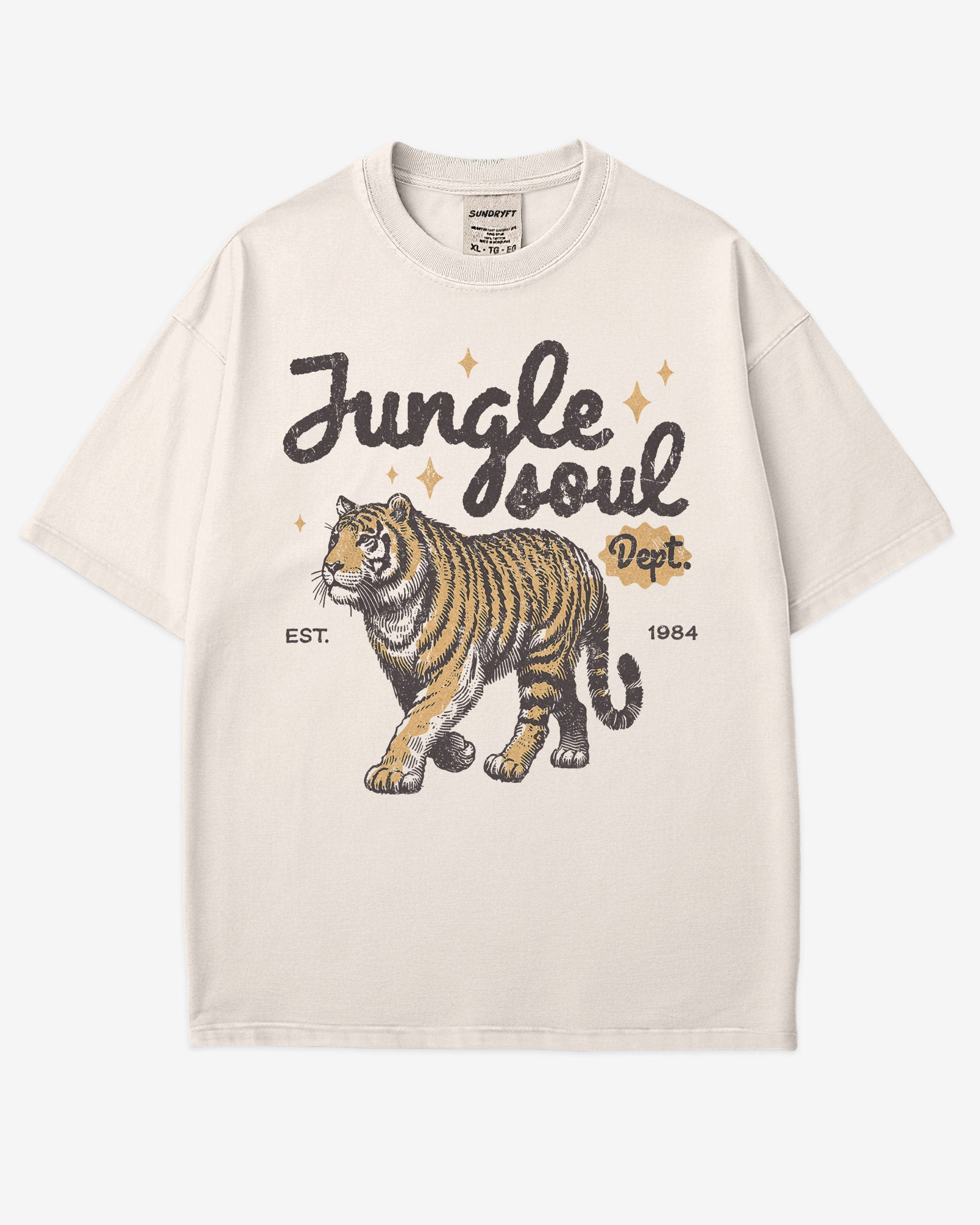 Jungle Soul Dept. shirt in ivory color with retro graphic of walking tiger.
