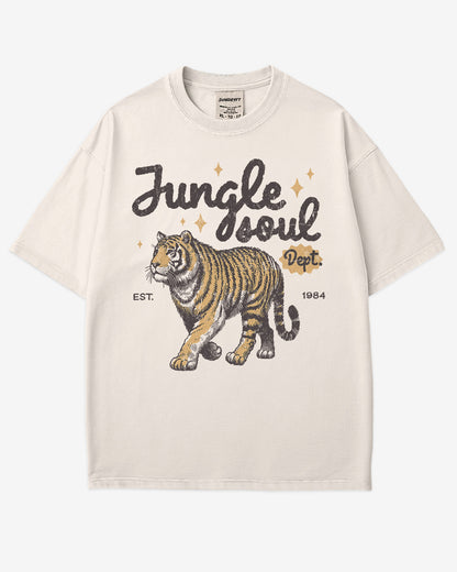 Jungle Soul Dept. shirt in ivory color with retro graphic of walking tiger.