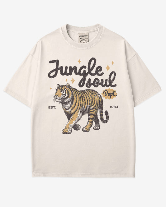 Jungle Soul Dept. shirt in ivory color with retro graphic of walking tiger.