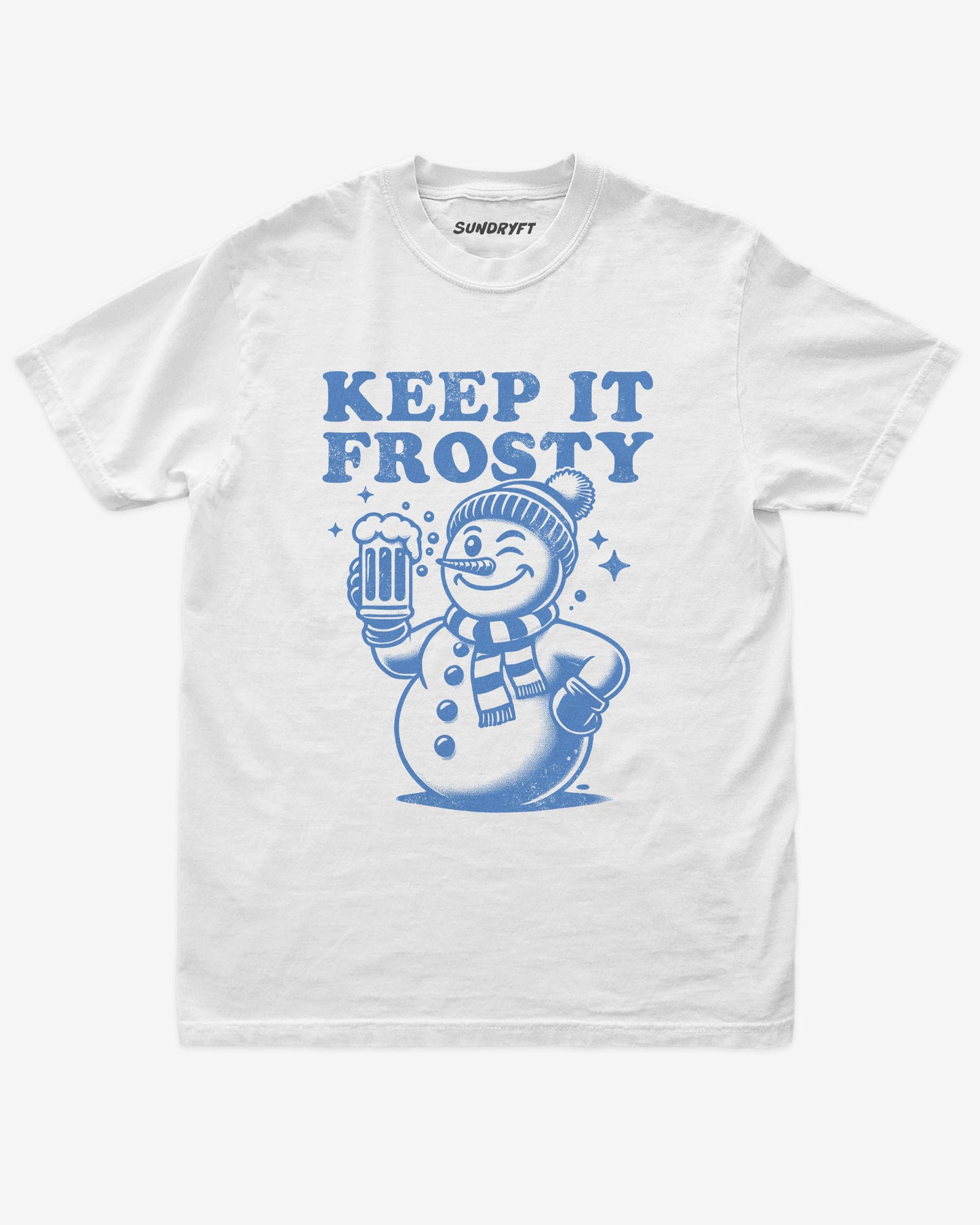 Keep it Frosty shirt in white with snowman with beer graphic