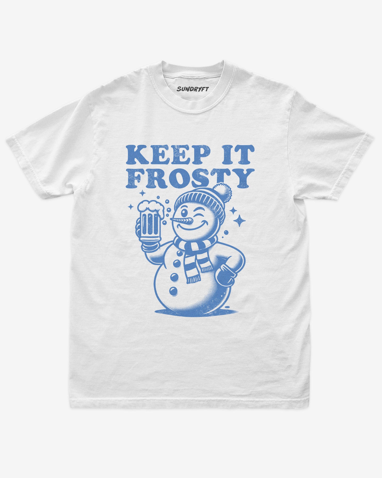 Keep it Frosty shirt in white with snowman with beer graphic