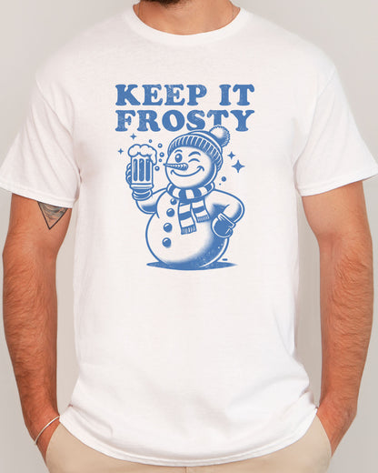Man wearing a white retro snowman graphic tee with the quote Keep It Frosty
