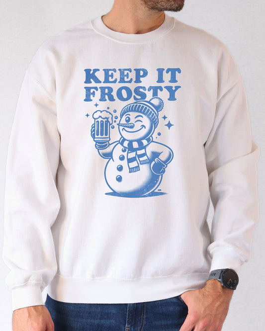 Model wearing white color sweatshirt with 'Keep It Frosty' snowman graphic design