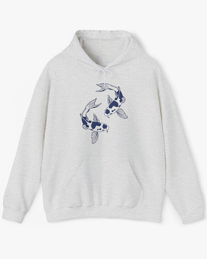 Flat lay ash gray hoodie with retro japanese koi fish graphic