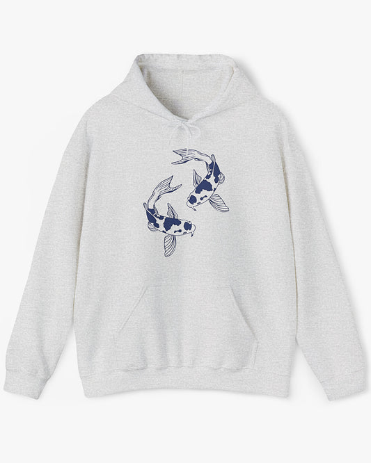 Flat lay ash gray hoodie with retro japanese koi fish graphic