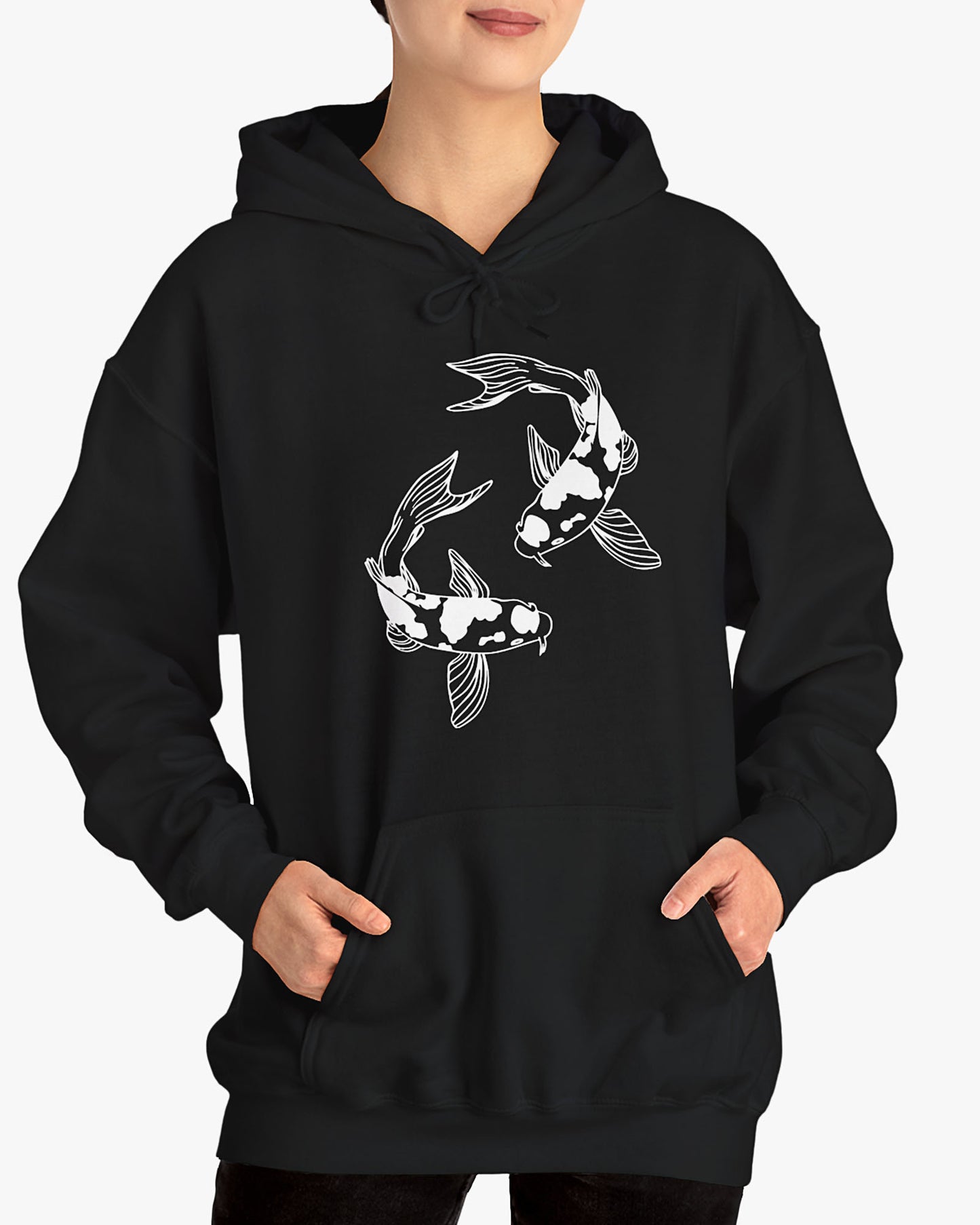 Woman  wearing black hoodie with retro japanese koi fish graphic
