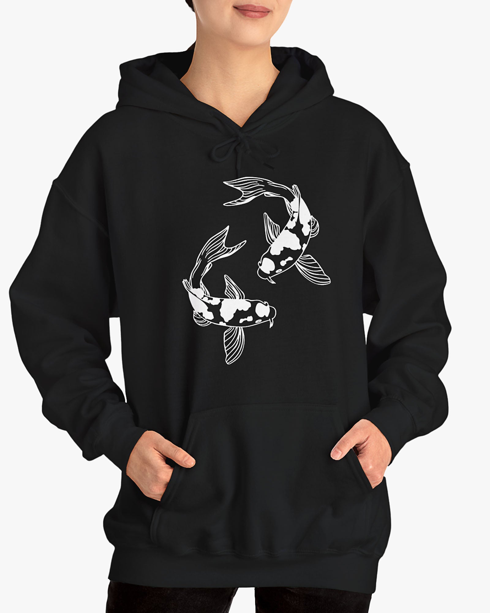 Woman  wearing black hoodie with retro japanese koi fish graphic