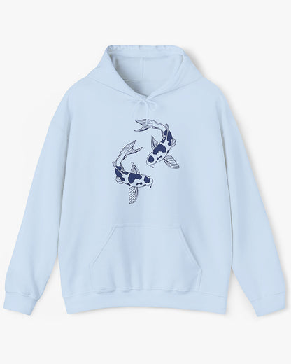 Flat lay light blue hoodie with retro japanese koi fish graphic