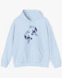 Flat lay light blue hoodie with retro japanese koi fish graphic