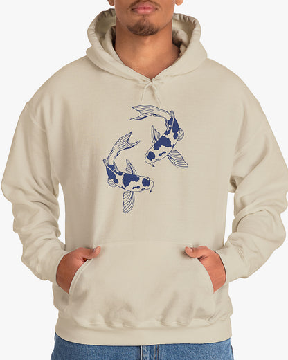 Man wearing sand beige hoodie with retro japanese koi fish graphic
