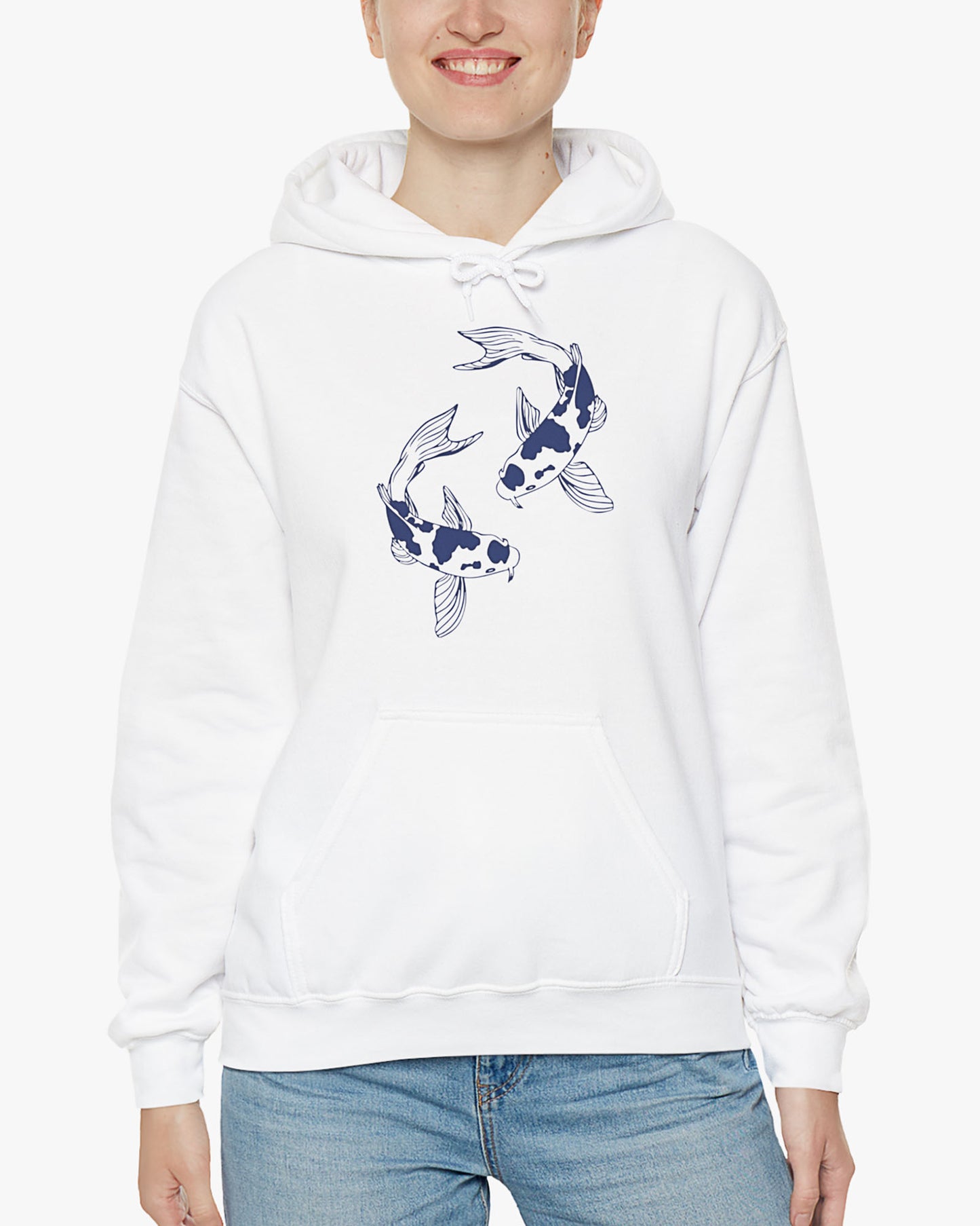 Woman wearing white hoodie with retro japanese koi fish graphic
