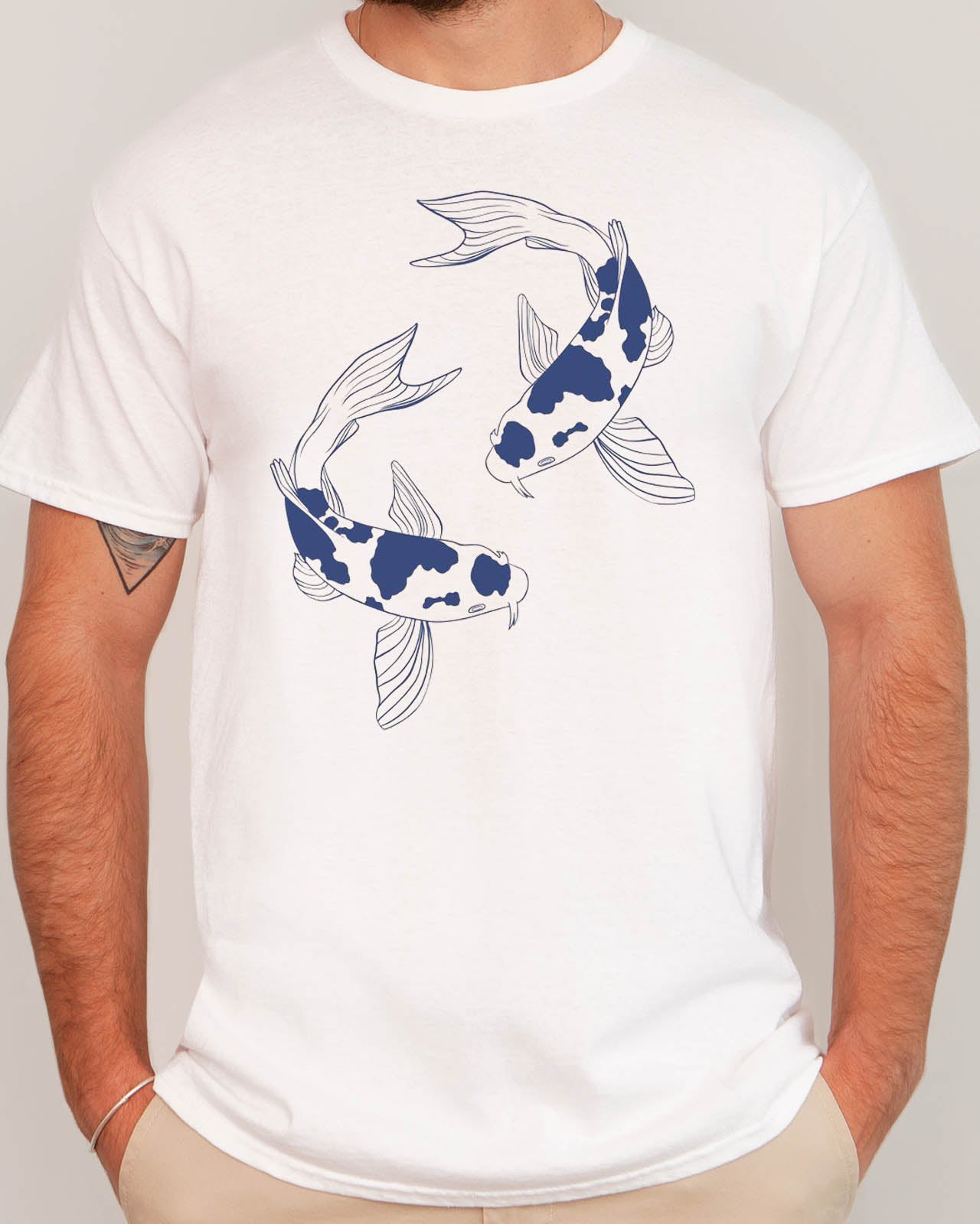 Man wearing retro japanese graphic Koi Fish shirt in white color