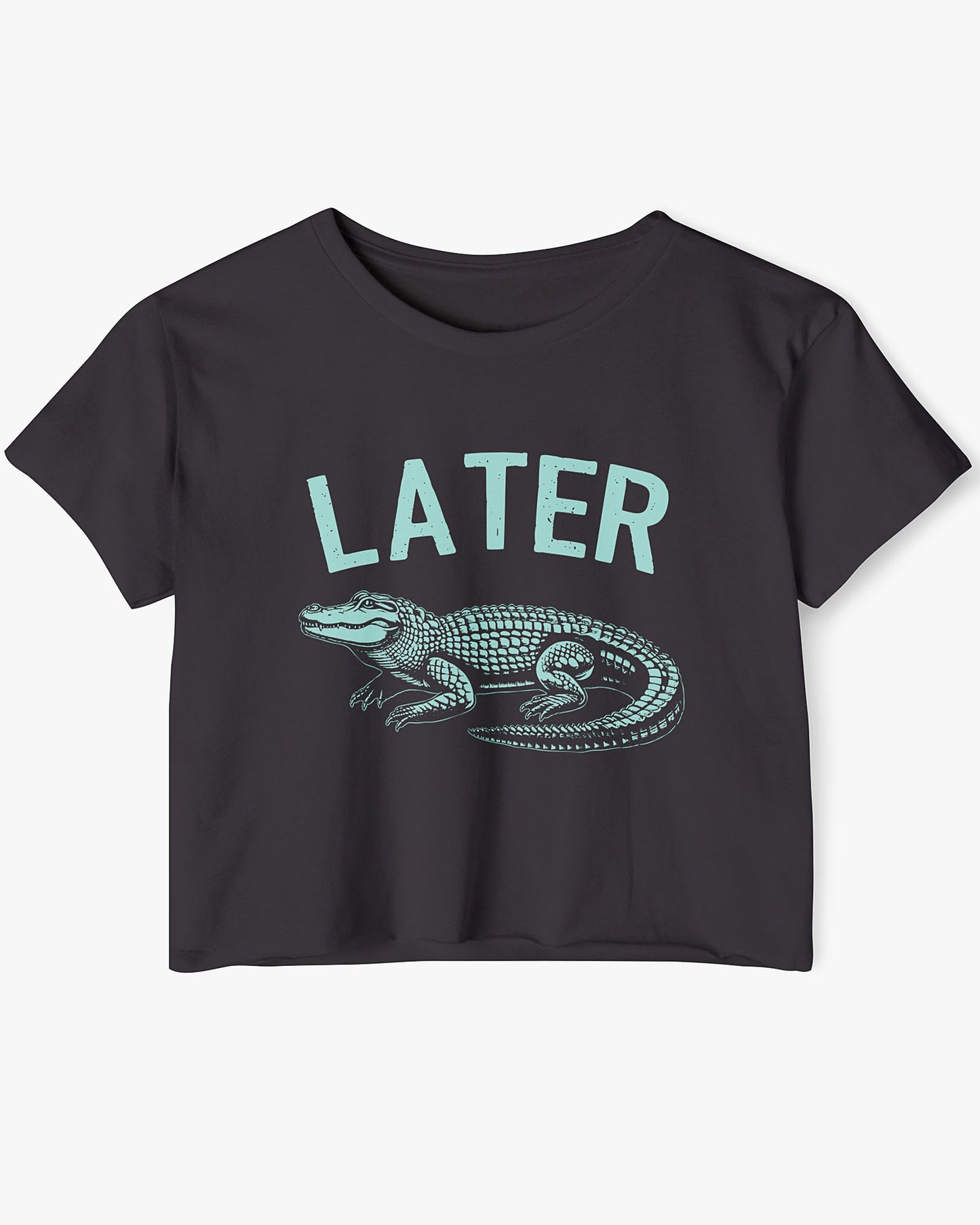 Flat lay black-colored 'Later Gator' crop top featuring a funny retro alligator graphic.