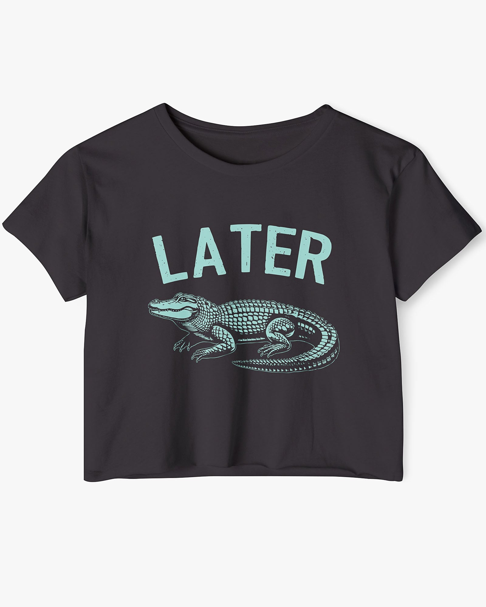 Flat lay black-colored 'Later Gator' crop top featuring a funny retro alligator graphic.