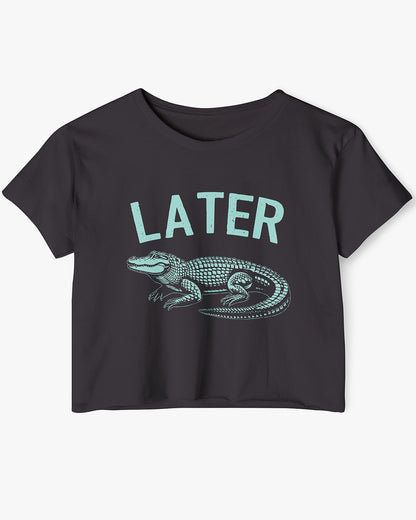 Flat lay black-colored 'Later Gator' crop top featuring a funny retro alligator graphic.