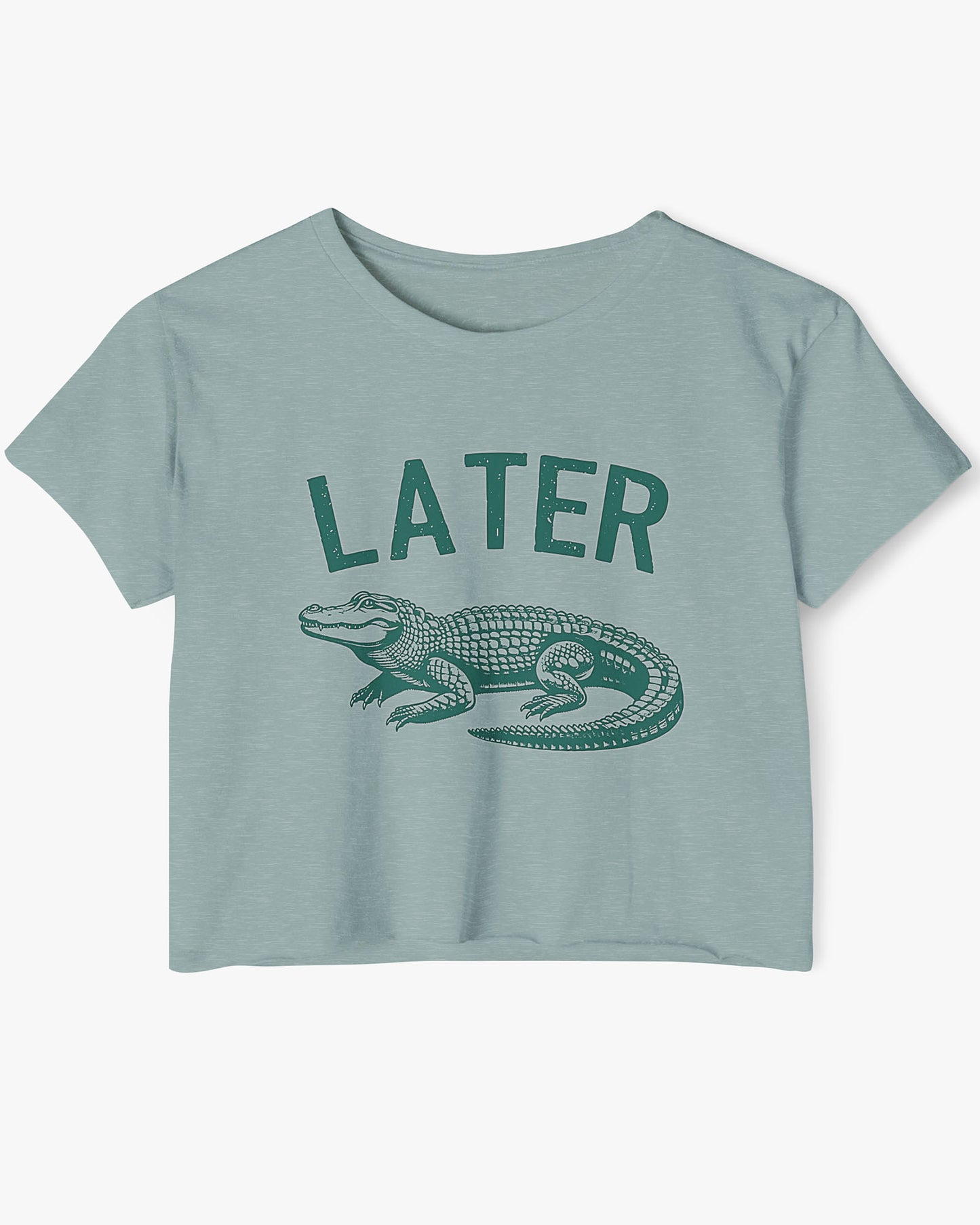 Flat lay stonewash-green-colored 'Later Gator' crop top featuring a funny retro alligator graphic.
