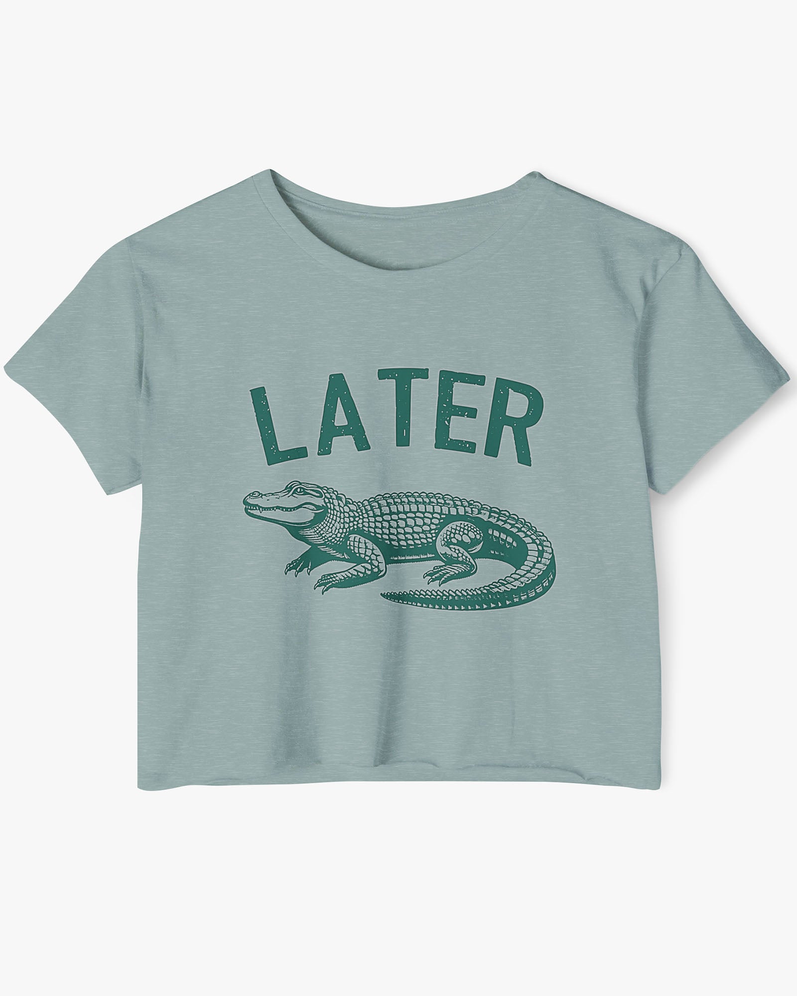 Flat lay stonewash-green-colored 'Later Gator' crop top featuring a funny retro alligator graphic.