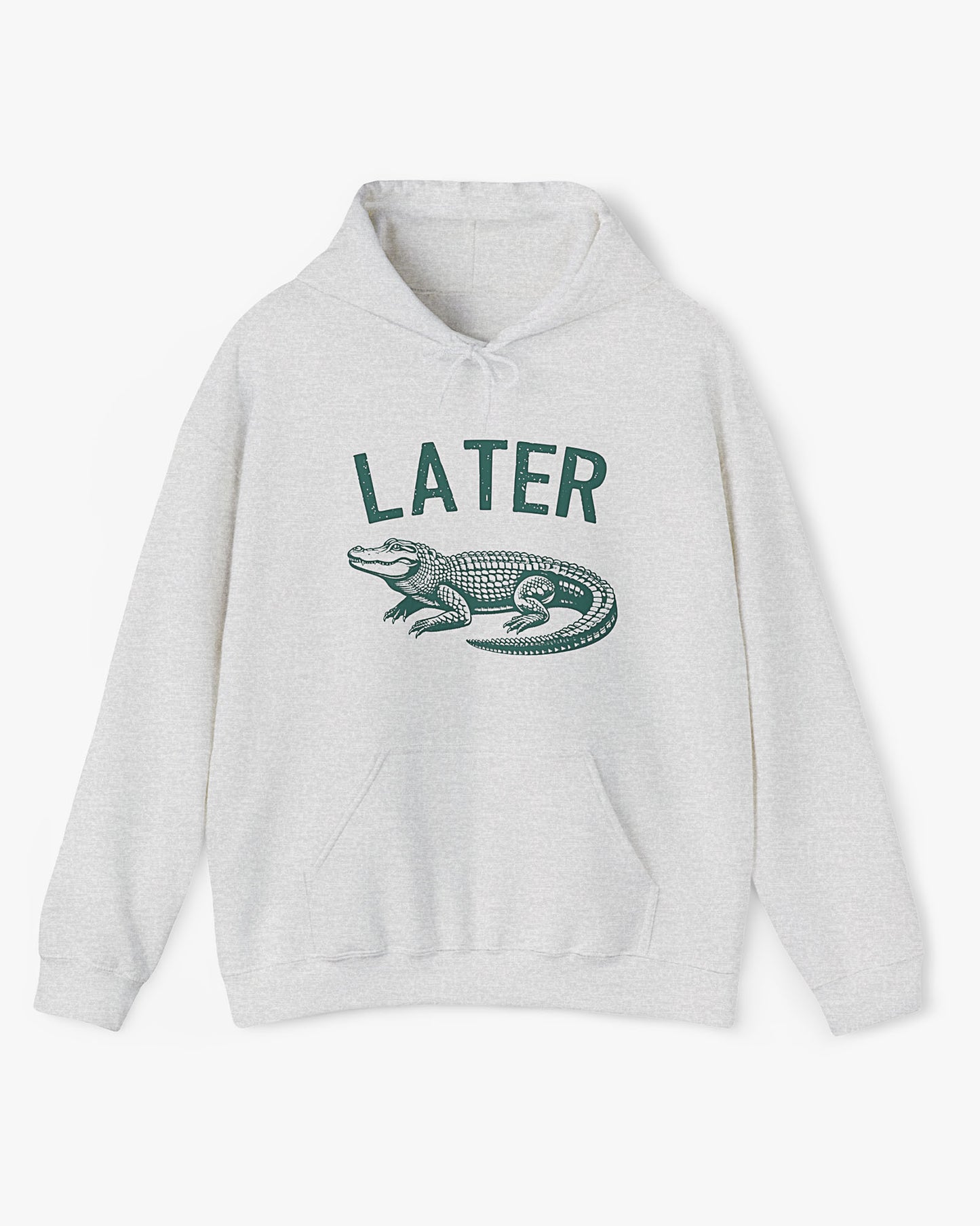 Flat lay unisex ash gray colored 'Later Gator' hoodie featuring a funny retro alligator graphic.