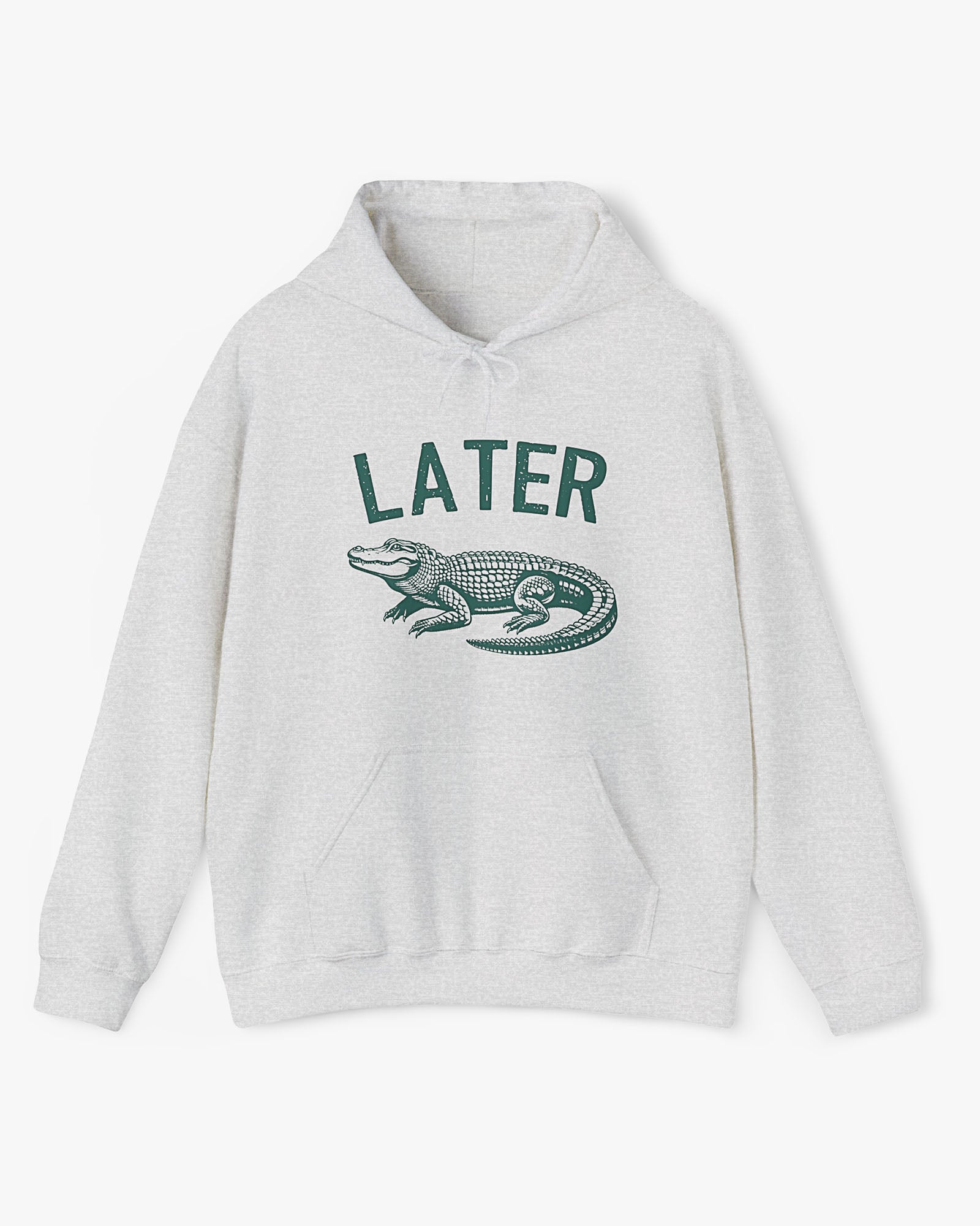 Flat lay unisex ash gray colored 'Later Gator' hoodie featuring a funny retro alligator graphic.