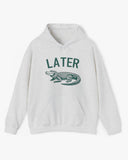 Flat lay unisex ash gray colored 'Later Gator' hoodie featuring a funny retro alligator graphic.