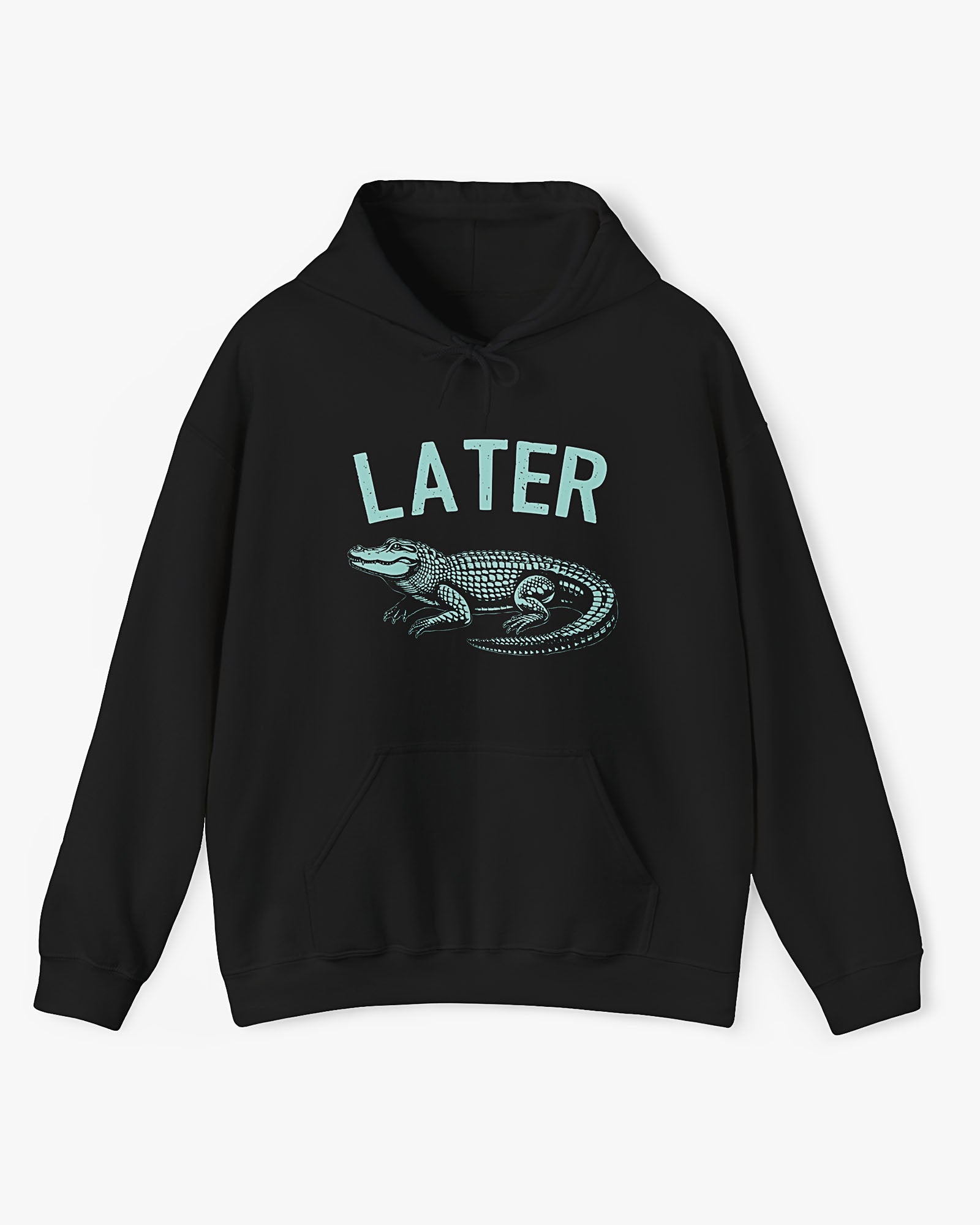 Flat lay unisex black-colored 'Later Gator' hoodie featuring a funny retro alligator graphic.