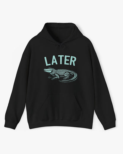 Flat lay unisex black-colored 'Later Gator' hoodie featuring a funny retro alligator graphic.