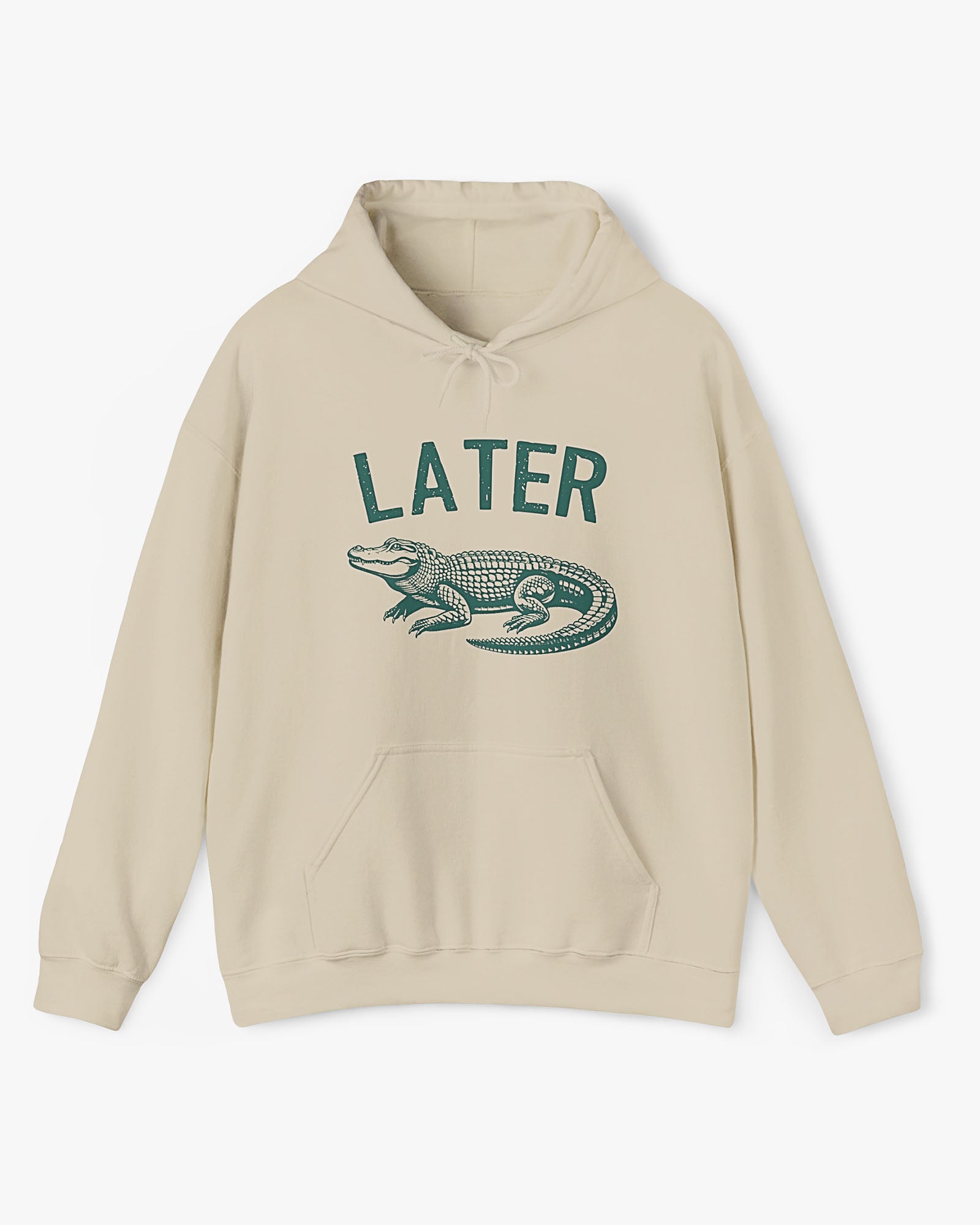 Flat lay unisex sand beige colored 'Later Gator' hoodie featuring a funny retro alligator graphic.