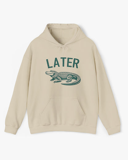 Flat lay unisex sand beige colored 'Later Gator' hoodie featuring a funny retro alligator graphic.