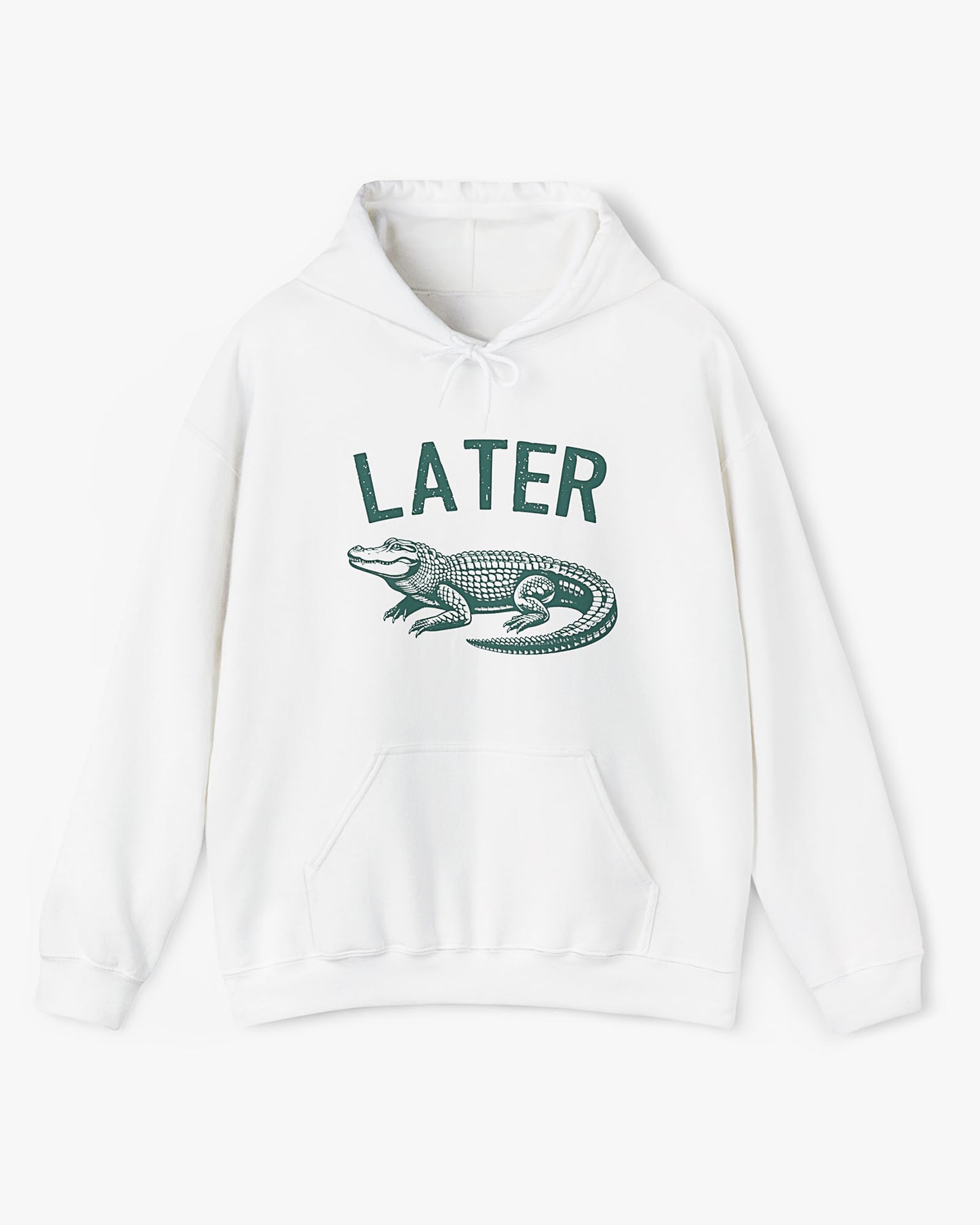 Flat lay unisex white-colored 'Later Gator' hoodie featuring a funny retro alligator graphic.
