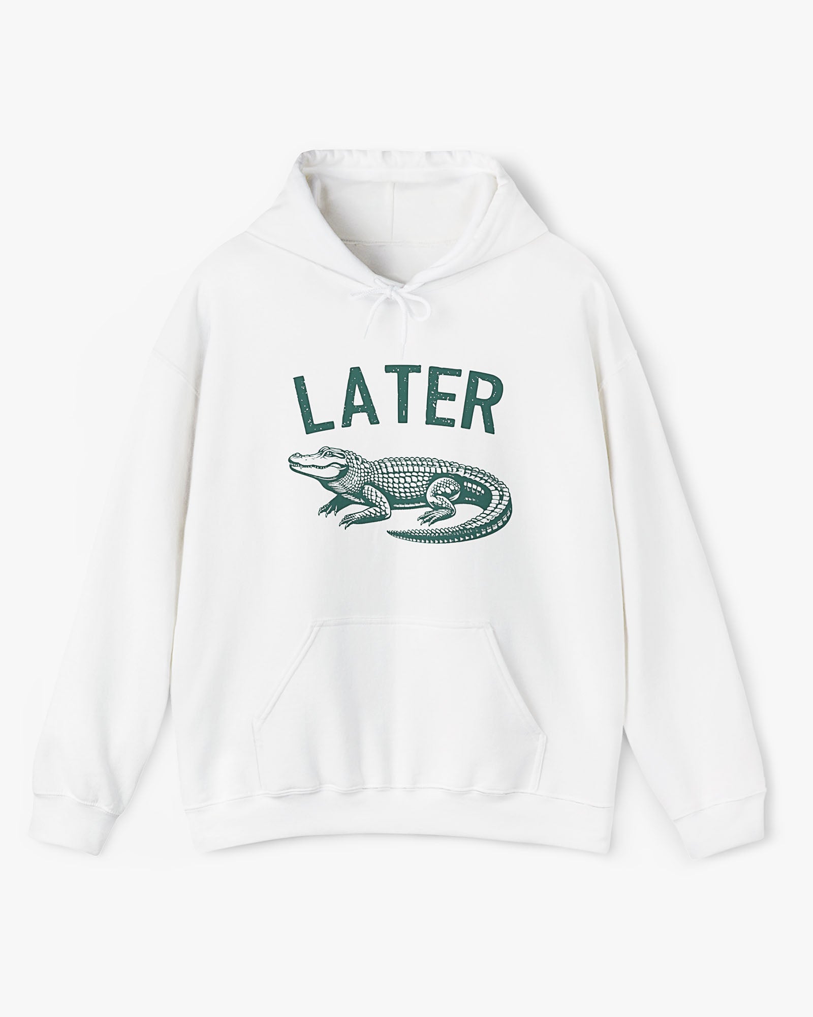 Flat lay unisex white-colored 'Later Gator' hoodie featuring a funny retro alligator graphic.