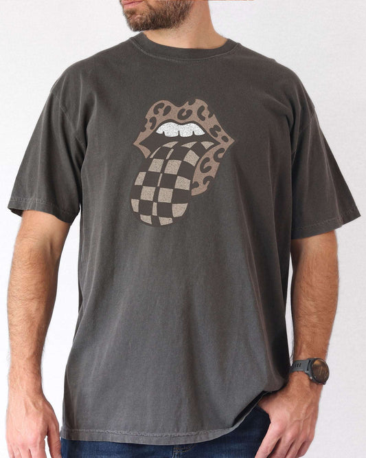 Model wearing pepper color shirt with 'Leopard Mouth Checkered Tongue' graphic design