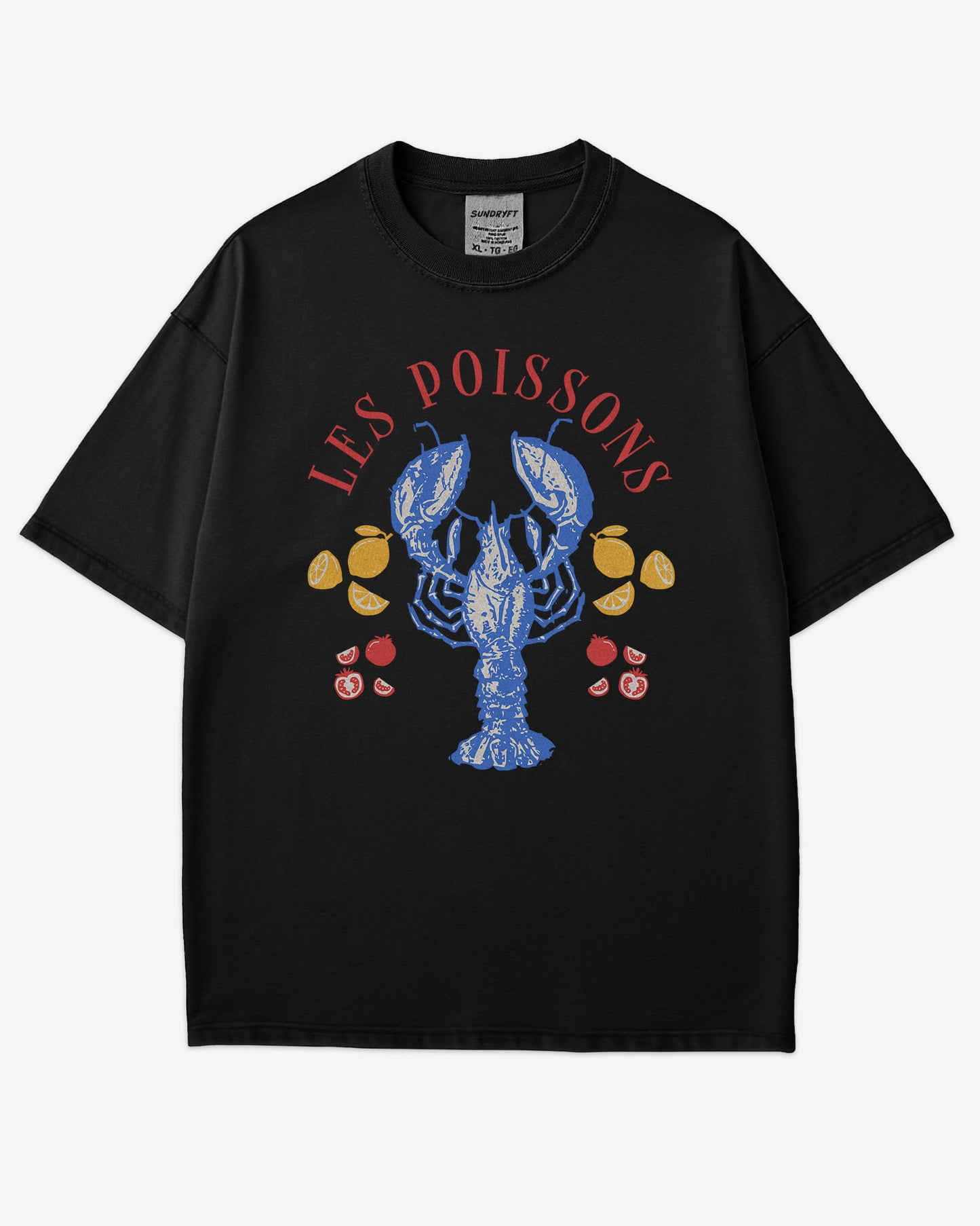 Flat lay black 'Les Poissons' shirt with a retro graphic of a lobster.