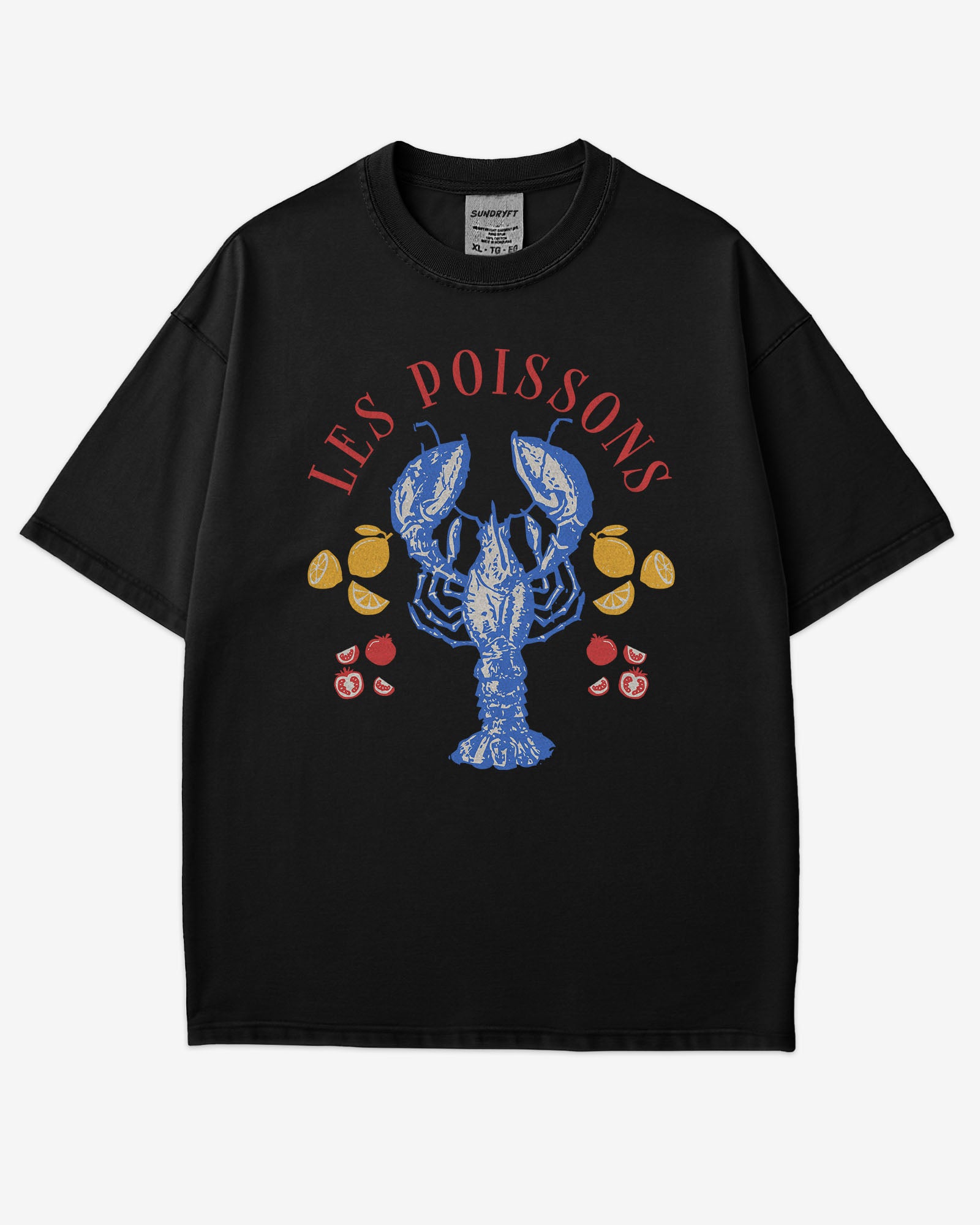 Flat lay black 'Les Poissons' shirt with a retro graphic of a lobster.