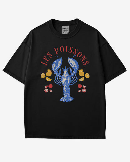 Flat lay black 'Les Poissons' shirt with a retro graphic of a lobster.