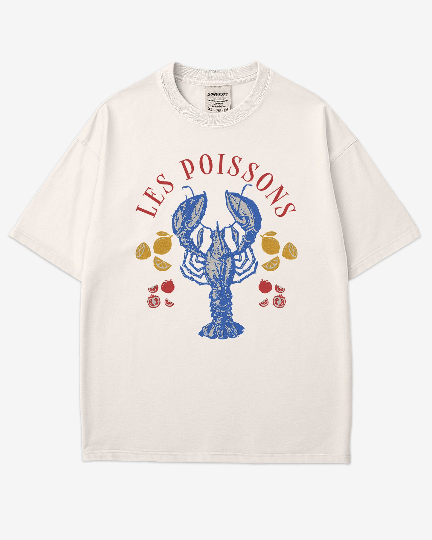 Flat lay ivory 'Les Poissons' shirt with a retro graphic of a lobster.