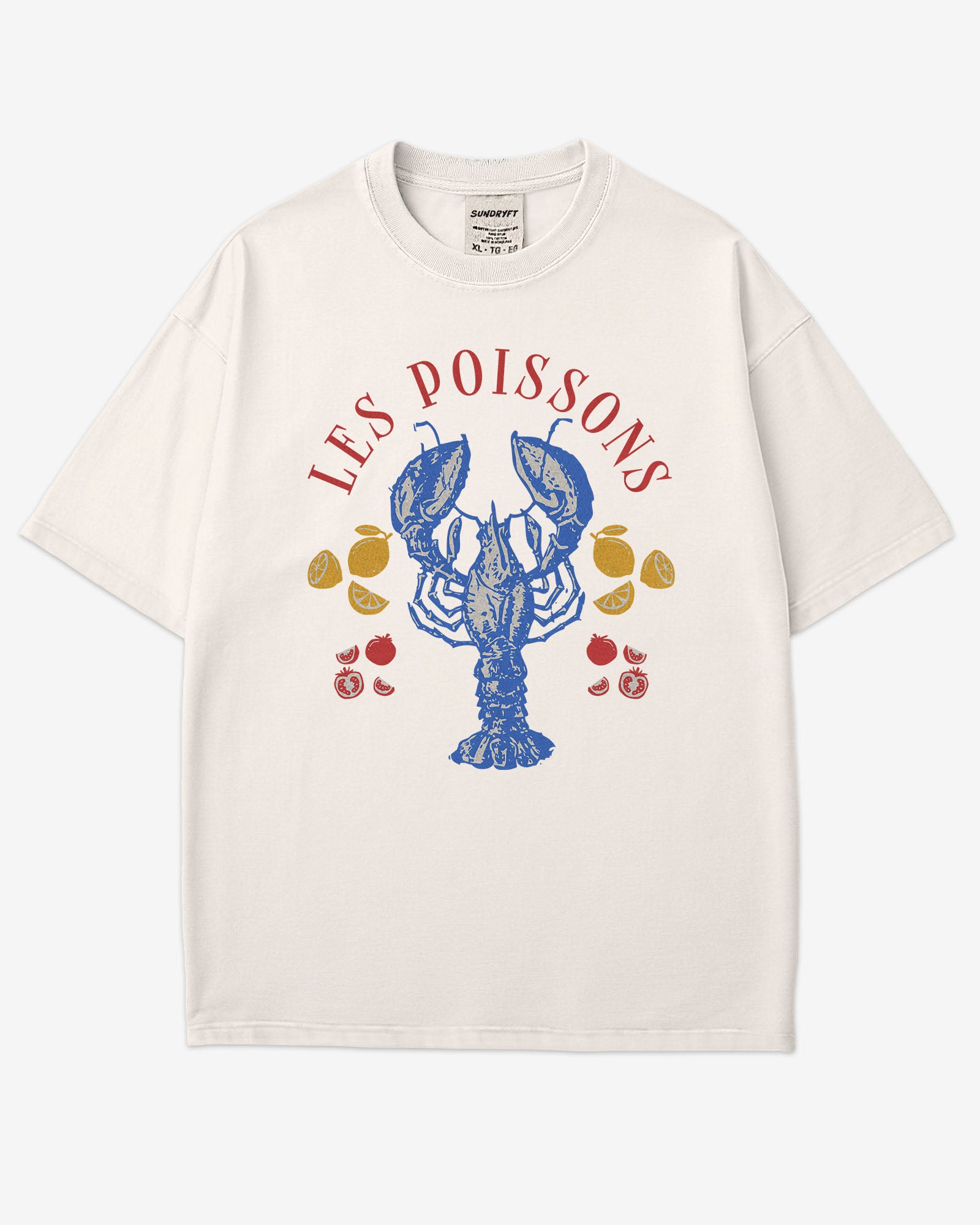 Flat lay ivory 'Les Poissons' shirt with a retro graphic of a lobster.