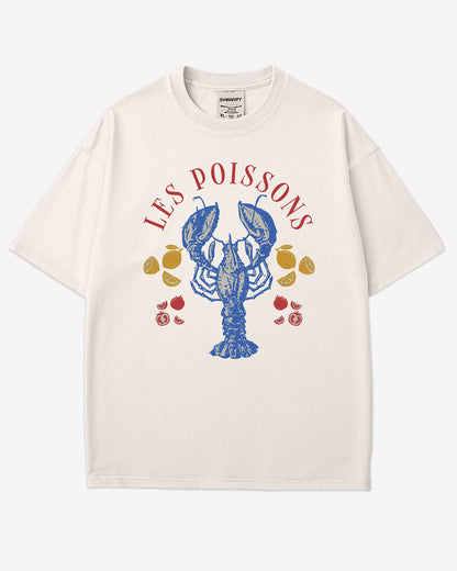 Flat lay ivory 'Les Poissons' shirt with a retro graphic of a lobster.