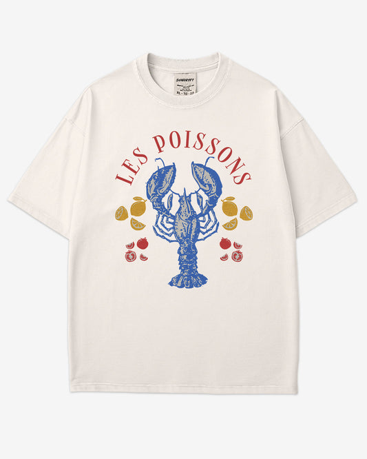 Flat lay ivory 'Les Poissons' shirt with a retro graphic of a lobster.