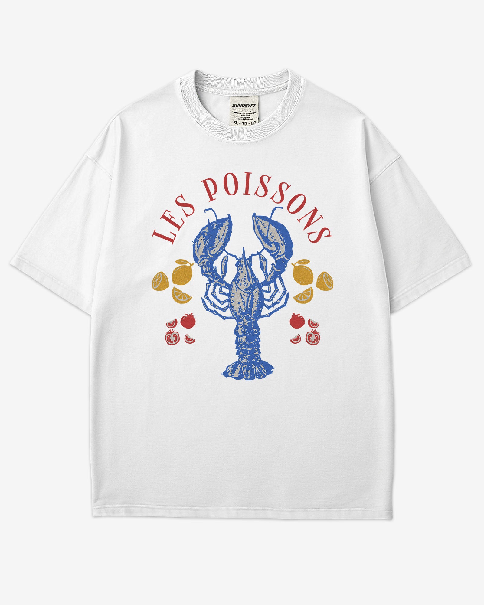 Flat lay white 'Les Poissons' shirt with a retro graphic of a lobster.