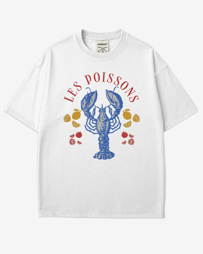 Flat lay white 'Les Poissons' shirt with a retro graphic of a lobster.