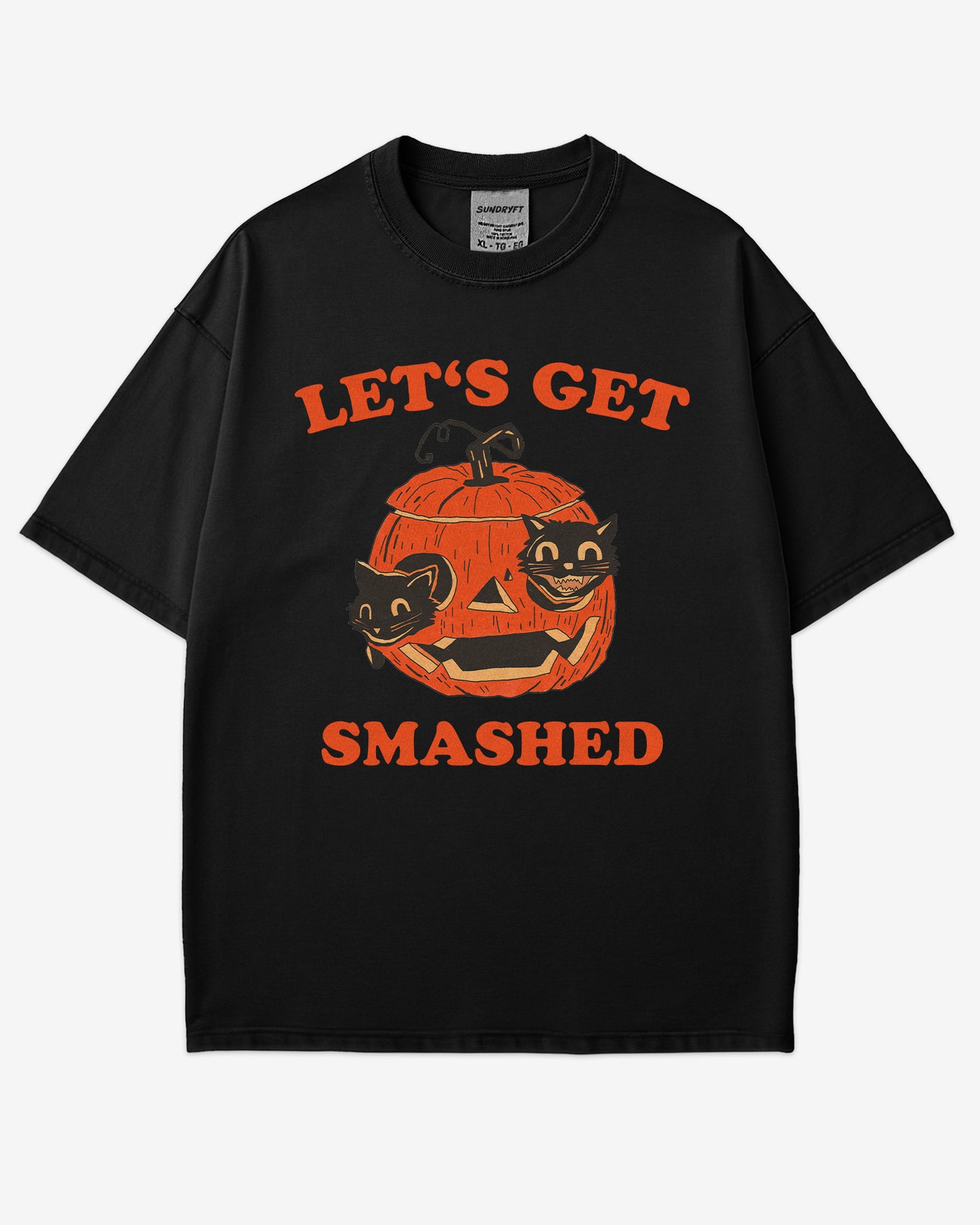 Let’s Get Smashed shirt in black – retro Halloween graphic tee with two black cats inside a carved pumpkin