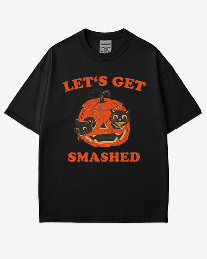 Let’s Get Smashed shirt in black – retro Halloween graphic tee with two black cats inside a carved pumpkin
