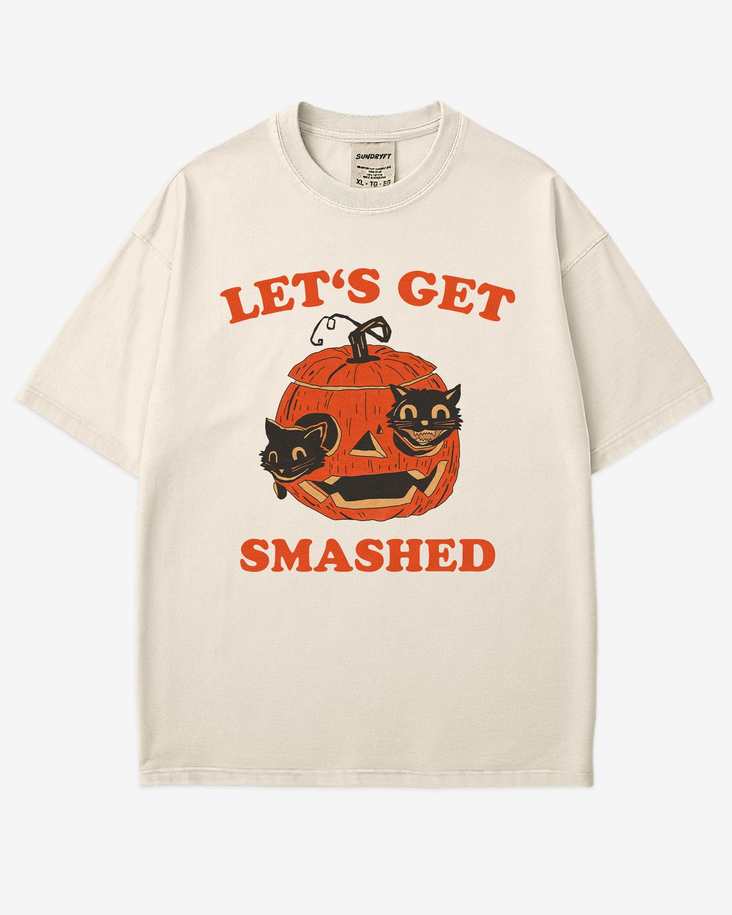 Let’s Get Smashed shirt in ivory – retro Halloween graphic tee with two black cats inside a carved pumpkin