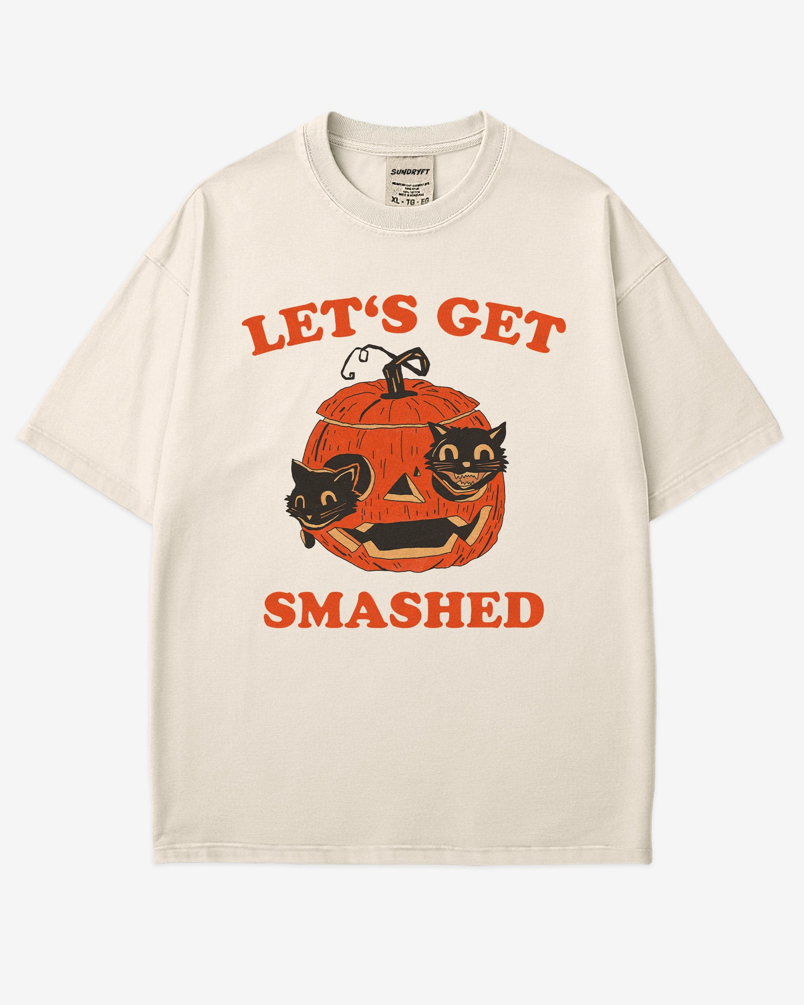 Let’s Get Smashed shirt in ivory – retro Halloween graphic tee with two black cats inside a carved pumpkin