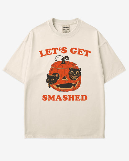 Let’s Get Smashed shirt in ivory – retro Halloween graphic tee with two black cats inside a carved pumpkin